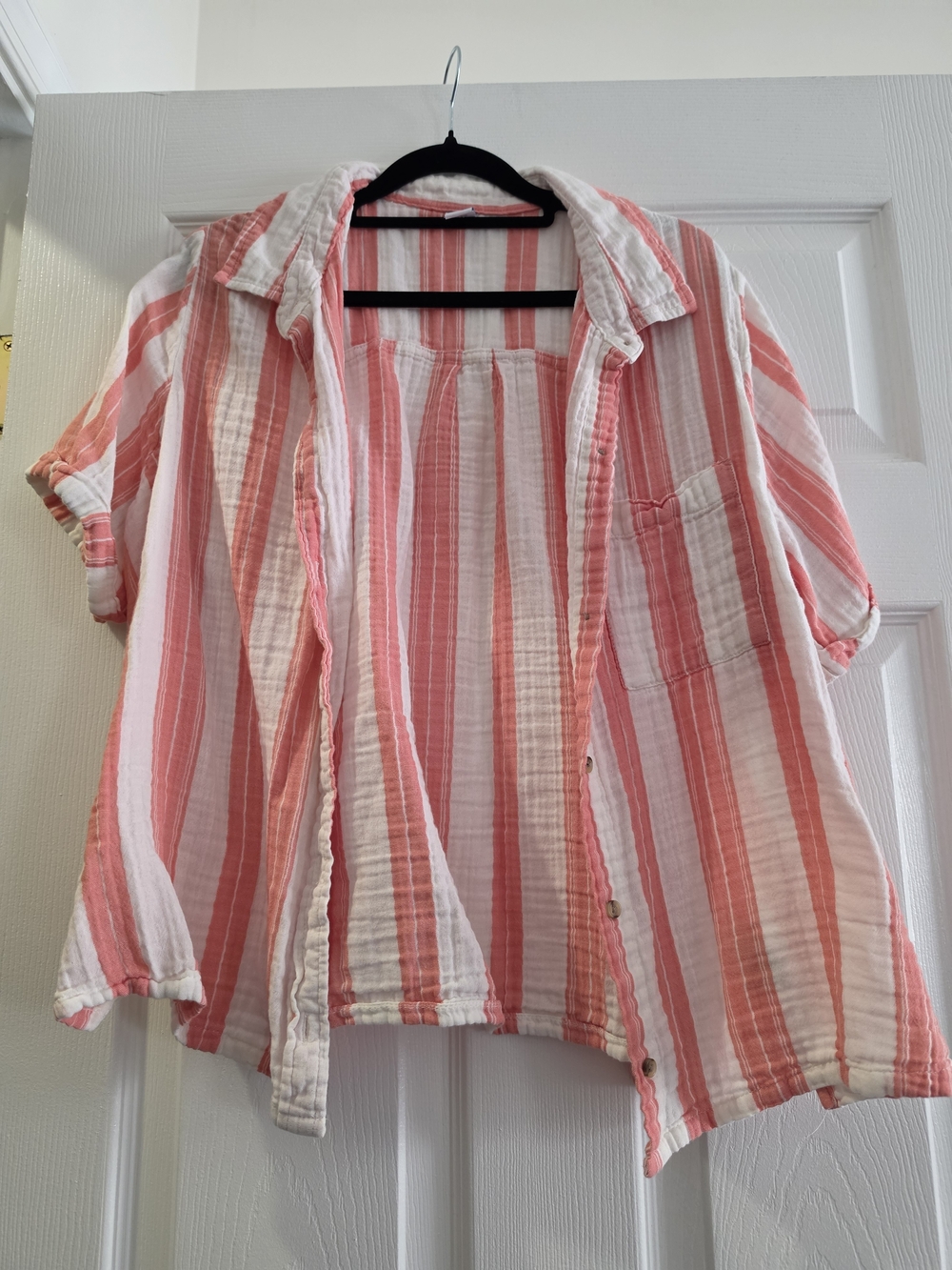 Old Navy Coral and White Striped Button-Down Shirt